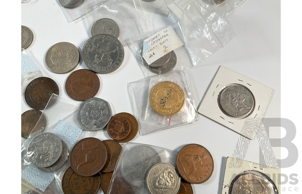 Collection of Australian Coins Including Pennies and Half Pennies Spanning 1911 to 1964,  Commemorative Fifty and Twenty Cents, Medallions, United Kingdom Coins, Crown, Half Crown Shilling