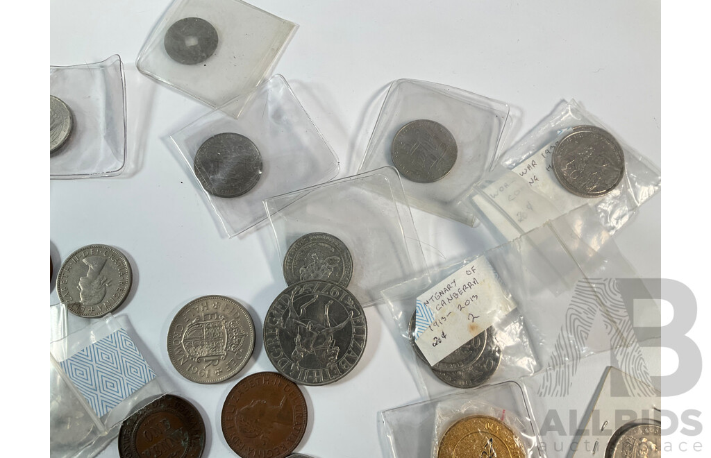 Collection of Australian Coins Including Pennies and Half Pennies Spanning 1911 to 1964,  Commemorative Fifty and Twenty Cents, Medallions, United Kingdom Coins, Crown, Half Crown Shilling