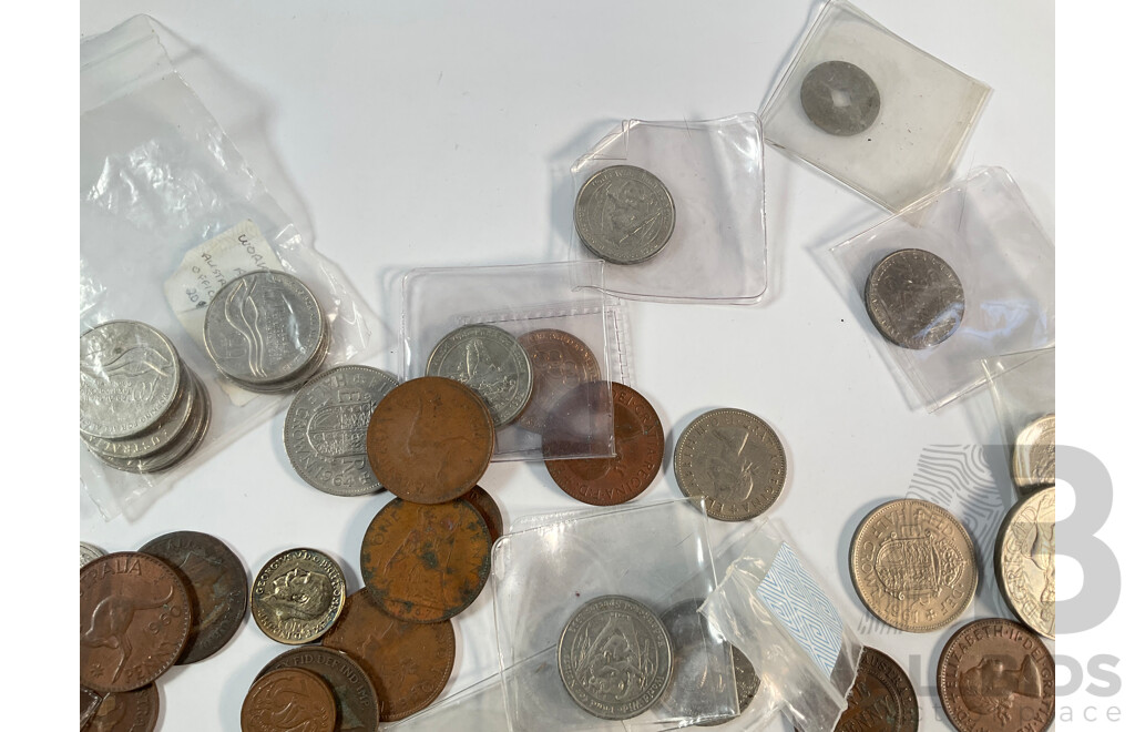 Collection of Australian Coins Including Pennies and Half Pennies Spanning 1911 to 1964,  Commemorative Fifty and Twenty Cents, Medallions, United Kingdom Coins, Crown, Half Crown Shilling