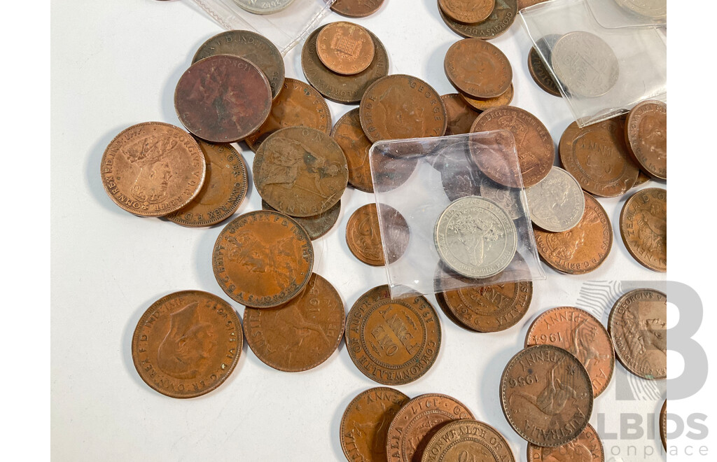 Collection of Australian Coins Including Pennies and Half Pennies Spanning 1911 to 1964,  Commemorative Fifty and Twenty Cents, Medallions, United Kingdom Coins, Crown, Half Crown Shilling