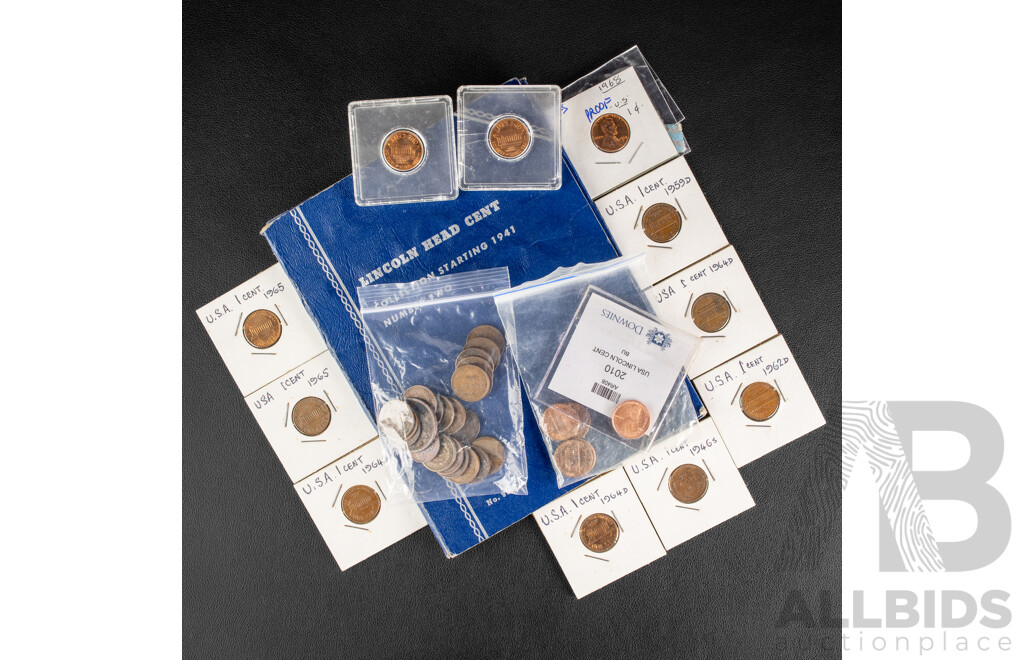 Album of USA Lincoln Head One Cent Coins Starting 1941 with Proof, UNC and Slabbed One Cents
