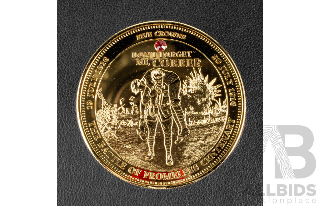 Bradford Exchange 2016 Gold Layered Five Crowns Coin with Inlaid Swarovski Ruby Crystal, Commemorating the Battle of Fromelles Centenary - Don't Forget Me Cobber