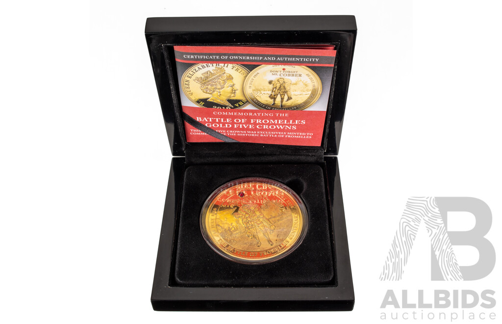 Bradford Exchange 2016 Gold Layered Five Crowns Coin with Inlaid Swarovski Ruby Crystal, Commemorating the Battle of Fromelles Centenary - Don't Forget Me Cobber