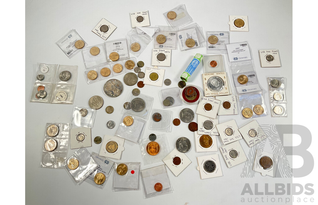 Collection of USA Coins Including Twenty One Commemorative One Dollar Coins, Five Eisenhower One Dollars, 2005 Westward Journey Nickel Series Roll, 1925, 1937 Five Cents, 1982 UNC Set and More