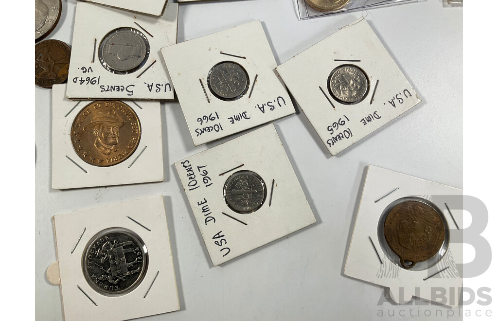Collection of USA Coins Including Twenty One Commemorative One Dollar Coins, Five Eisenhower One Dollars, 2005 Westward Journey Nickel Series Roll, 1925, 1937 Five Cents, 1982 UNC Set and More