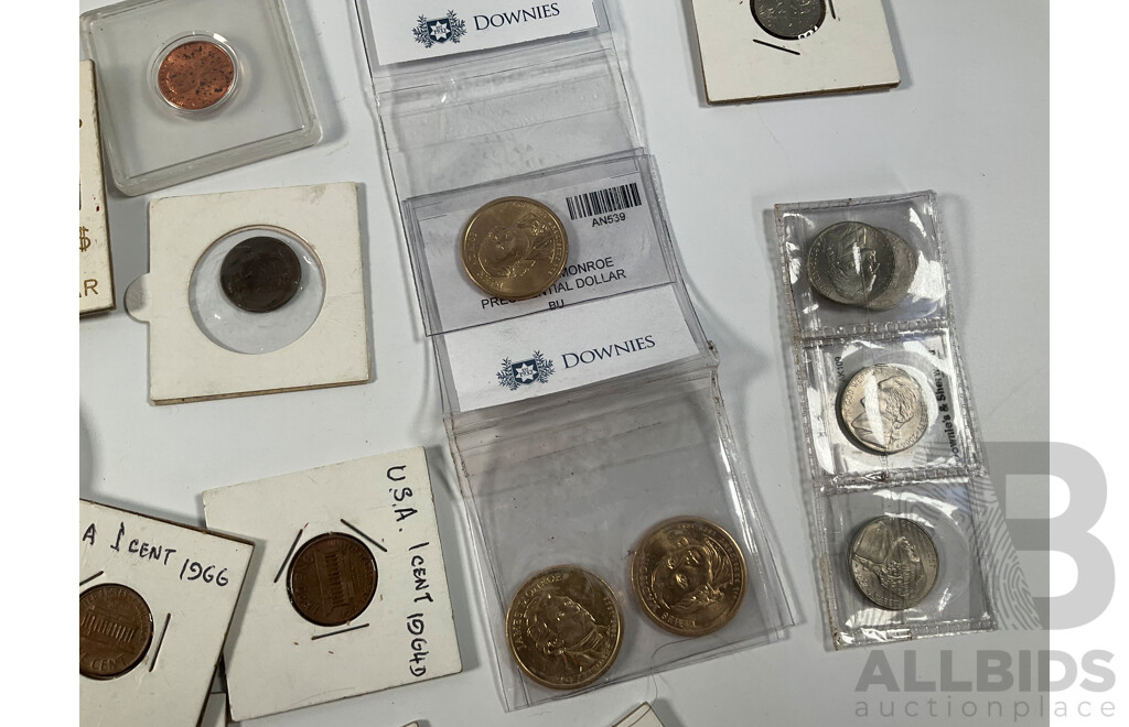 Collection of USA Coins Including Twenty One Commemorative One Dollar Coins, Five Eisenhower One Dollars, 2005 Westward Journey Nickel Series Roll, 1925, 1937 Five Cents, 1982 UNC Set and More