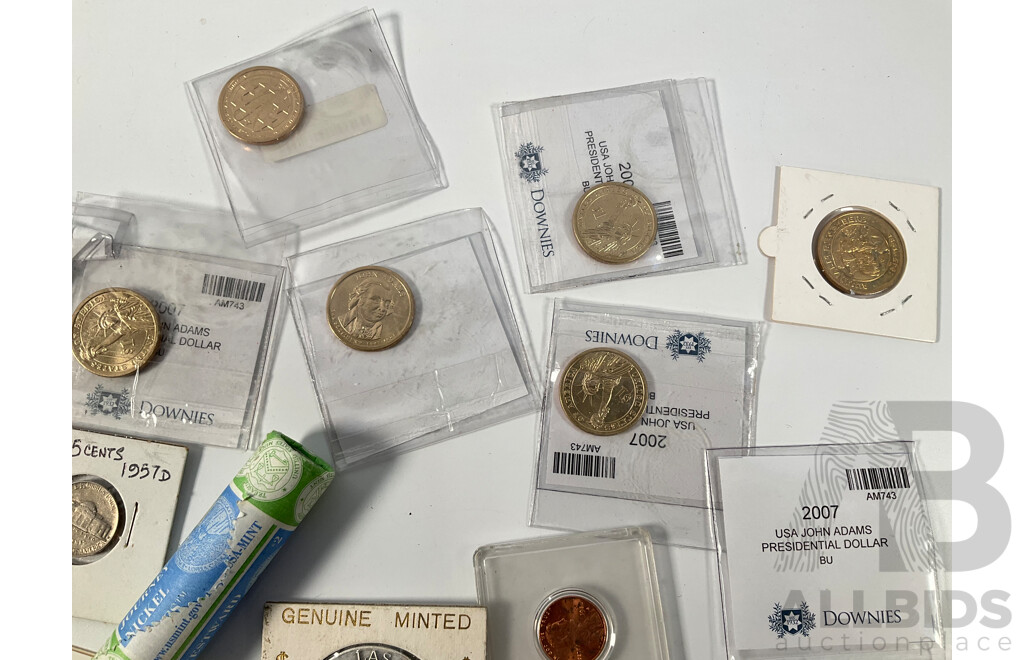 Collection of USA Coins Including Twenty One Commemorative One Dollar Coins, Five Eisenhower One Dollars, 2005 Westward Journey Nickel Series Roll, 1925, 1937 Five Cents, 1982 UNC Set and More