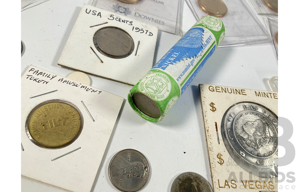 Collection of USA Coins Including Twenty One Commemorative One Dollar Coins, Five Eisenhower One Dollars, 2005 Westward Journey Nickel Series Roll, 1925, 1937 Five Cents, 1982 UNC Set and More
