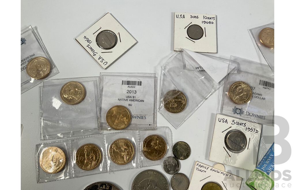 Collection of USA Coins Including Twenty One Commemorative One Dollar Coins, Five Eisenhower One Dollars, 2005 Westward Journey Nickel Series Roll, 1925, 1937 Five Cents, 1982 UNC Set and More