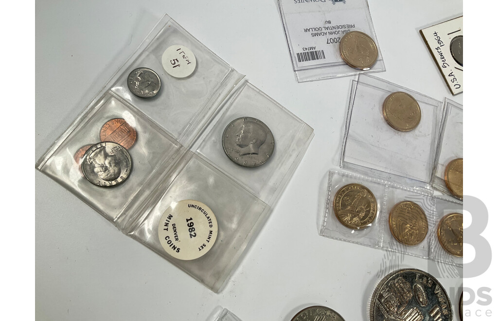 Collection of USA Coins Including Twenty One Commemorative One Dollar Coins, Five Eisenhower One Dollars, 2005 Westward Journey Nickel Series Roll, 1925, 1937 Five Cents, 1982 UNC Set and More