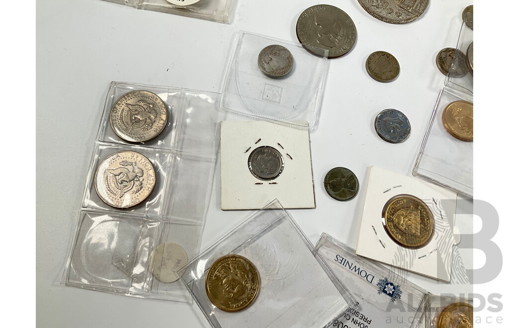 Collection of USA Coins Including Twenty One Commemorative One Dollar Coins, Five Eisenhower One Dollars, 2005 Westward Journey Nickel Series Roll, 1925, 1937 Five Cents, 1982 UNC Set and More