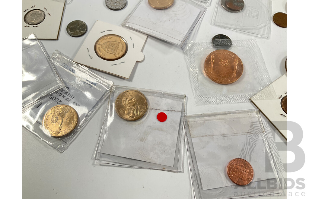 Collection of USA Coins Including Twenty One Commemorative One Dollar Coins, Five Eisenhower One Dollars, 2005 Westward Journey Nickel Series Roll, 1925, 1937 Five Cents, 1982 UNC Set and More