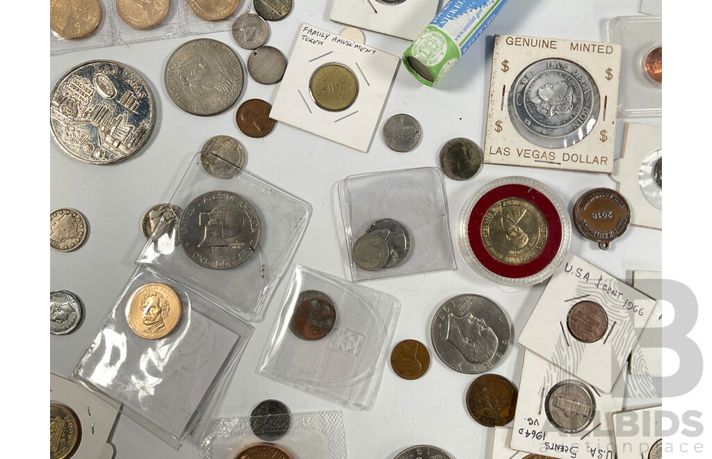 Collection of USA Coins Including Twenty One Commemorative One Dollar Coins, Five Eisenhower One Dollars, 2005 Westward Journey Nickel Series Roll, 1925, 1937 Five Cents, 1982 UNC Set and More
