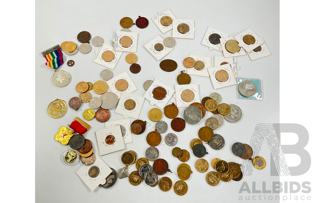 Collection of Mostly Australian Tokens and Medals Including 2010 Citizenship, Sydney Harbour Bridge, NSW Uni Photo Copy Token, 1951 Federation, 1938 Australian 1950th Anniversary and More