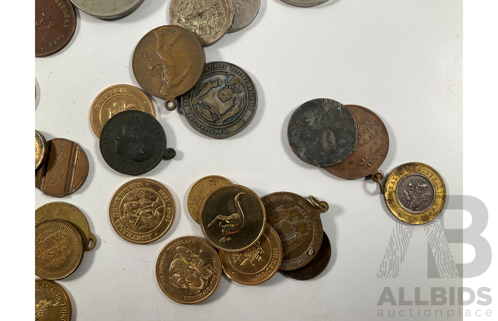 Collection of Mostly Australian Tokens and Medals Including 2010 Citizenship, Sydney Harbour Bridge, NSW Uni Photo Copy Token, 1951 Federation, 1938 Australian 1950th Anniversary and More