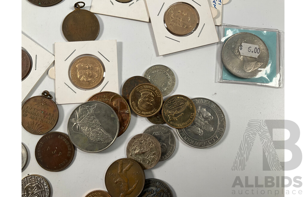 Collection of Mostly Australian Tokens and Medals Including 2010 Citizenship, Sydney Harbour Bridge, NSW Uni Photo Copy Token, 1951 Federation, 1938 Australian 1950th Anniversary and More