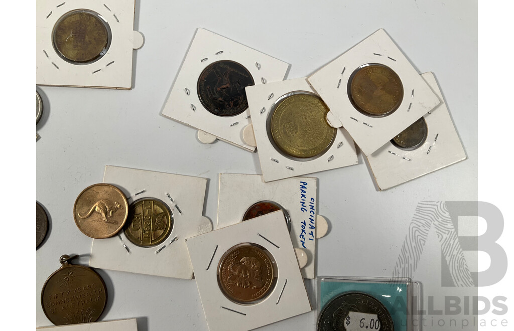 Collection of Mostly Australian Tokens and Medals Including 2010 Citizenship, Sydney Harbour Bridge, NSW Uni Photo Copy Token, 1951 Federation, 1938 Australian 1950th Anniversary and More