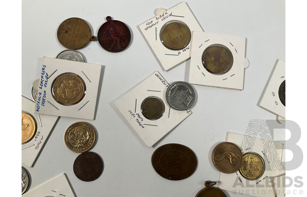 Collection of Mostly Australian Tokens and Medals Including 2010 Citizenship, Sydney Harbour Bridge, NSW Uni Photo Copy Token, 1951 Federation, 1938 Australian 1950th Anniversary and More