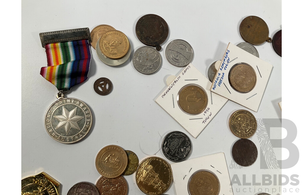 Collection of Mostly Australian Tokens and Medals Including 2010 Citizenship, Sydney Harbour Bridge, NSW Uni Photo Copy Token, 1951 Federation, 1938 Australian 1950th Anniversary and More