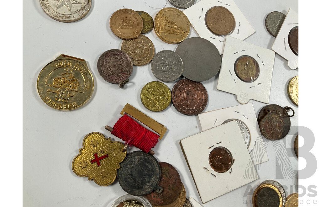 Collection of Mostly Australian Tokens and Medals Including 2010 Citizenship, Sydney Harbour Bridge, NSW Uni Photo Copy Token, 1951 Federation, 1938 Australian 1950th Anniversary and More