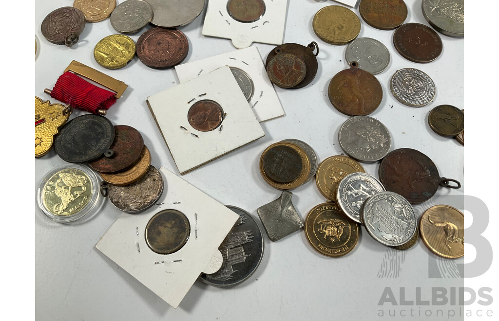 Collection of Mostly Australian Tokens and Medals Including 2010 Citizenship, Sydney Harbour Bridge, NSW Uni Photo Copy Token, 1951 Federation, 1938 Australian 1950th Anniversary and More