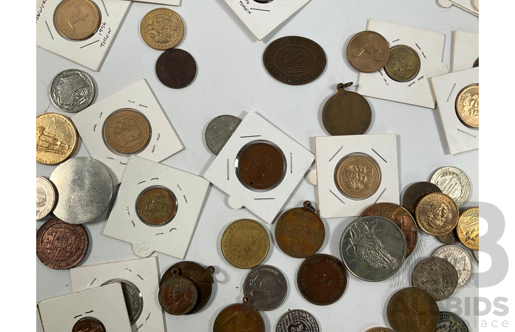 Collection of Mostly Australian Tokens and Medals Including 2010 Citizenship, Sydney Harbour Bridge, NSW Uni Photo Copy Token, 1951 Federation, 1938 Australian 1950th Anniversary and More