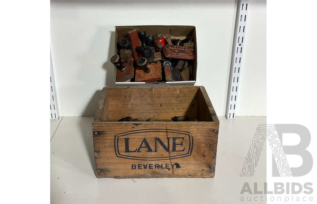 Collection of Timber Handled Rubber Company Stamps Including Herbert Wilson, H.E Collins Sydney, Mack Syd and More