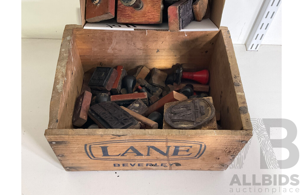 Collection of Timber Handled Rubber Company Stamps Including Herbert Wilson, H.E Collins Sydney, Mack Syd and More