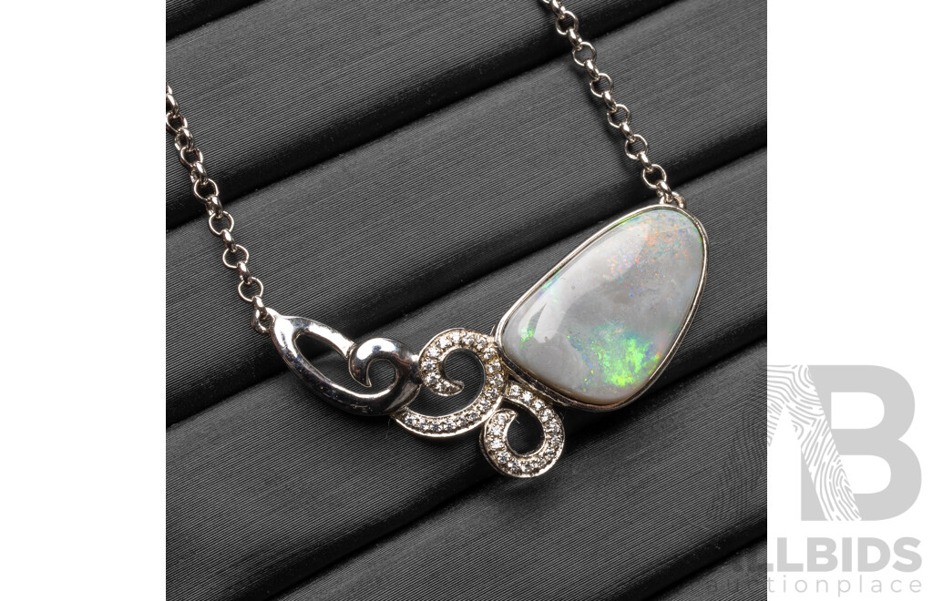 925 Sterling Silver Necklace & Pendant with Lightning Ridge Opal & Cubic Zirconias. Length - 47.5cms