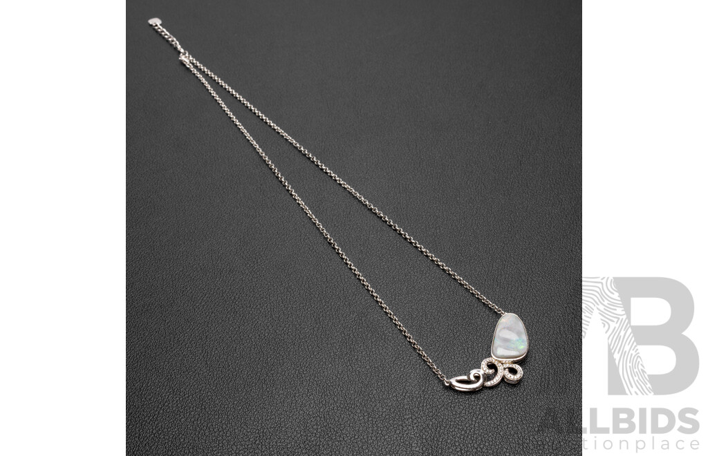 925 Sterling Silver Necklace & Pendant with Lightning Ridge Opal & Cubic Zirconias. Length - 47.5cms