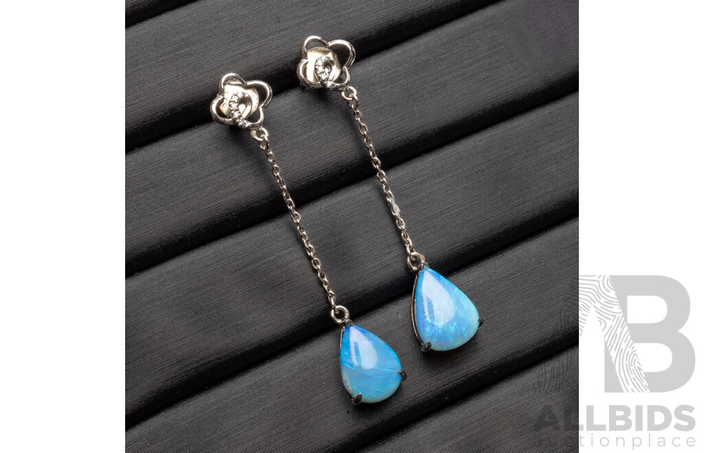 925 Sterling Silver 4 Leaf Clover Drop Earrings with Lightning Ridge Opals & Cubic Zirconias - 1.79gms