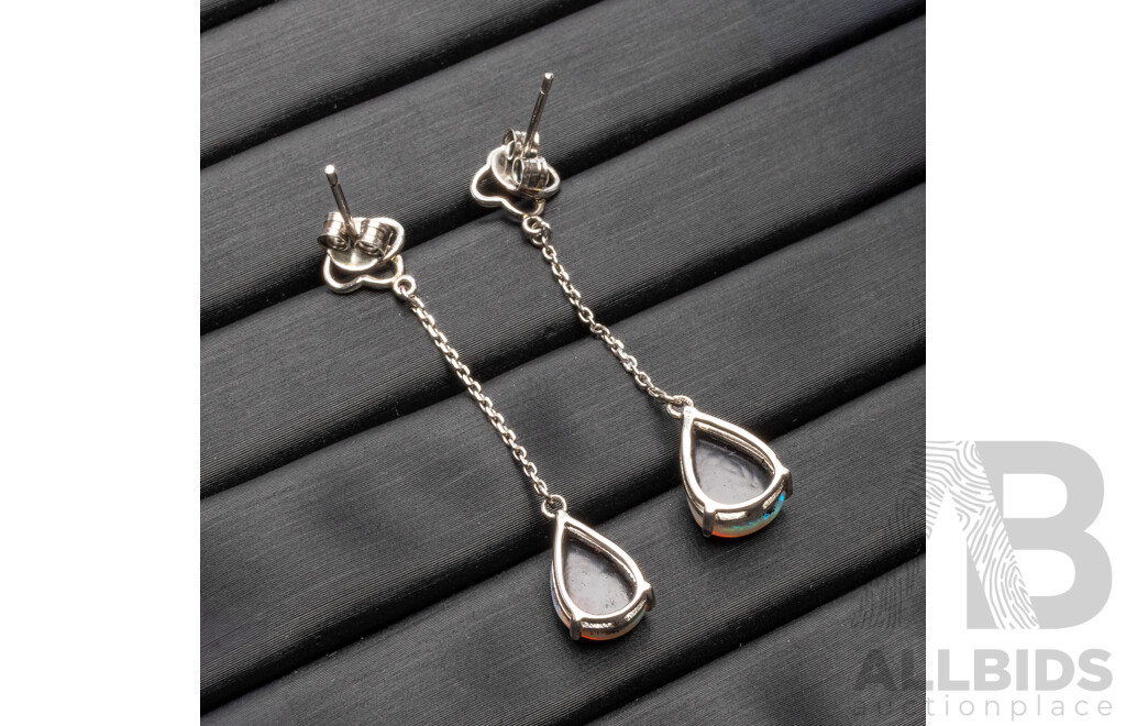 925 Sterling Silver 4 Leaf Clover Drop Earrings with Lightning Ridge Opals & Cubic Zirconias - 1.79gms