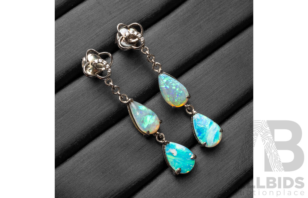925 Sterling Silver 4 Leaf Clover Drop Earrings with Lightning Ridge Opals & Cubic Zirconias