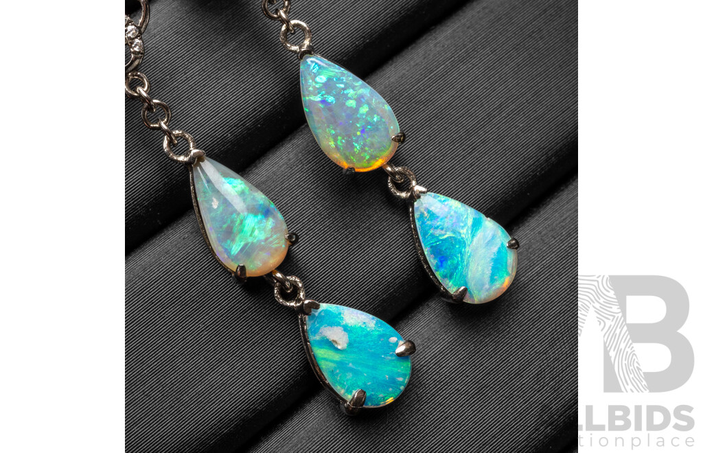 925 Sterling Silver 4 Leaf Clover Drop Earrings with Lightning Ridge Opals & Cubic Zirconias