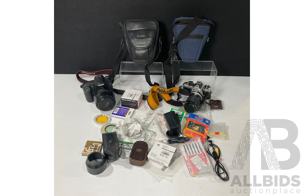 Pair of Cameras and Accessories Including Canon EOS 50D and Nikon FM
