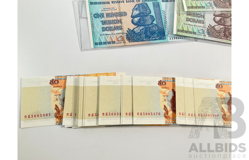 One Hundred Cambodian Fifty Riel Notes, Consecutive 5605801 - 5605900 with Collection of Zimbabwe Fifty and One Hundred Trillion Notes, Argentina One Peso