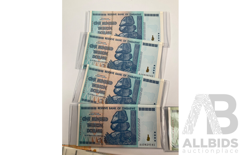 One Hundred Cambodian Fifty Riel Notes, Consecutive 5605801 - 5605900 with Collection of Zimbabwe Fifty and One Hundred Trillion Notes, Argentina One Peso