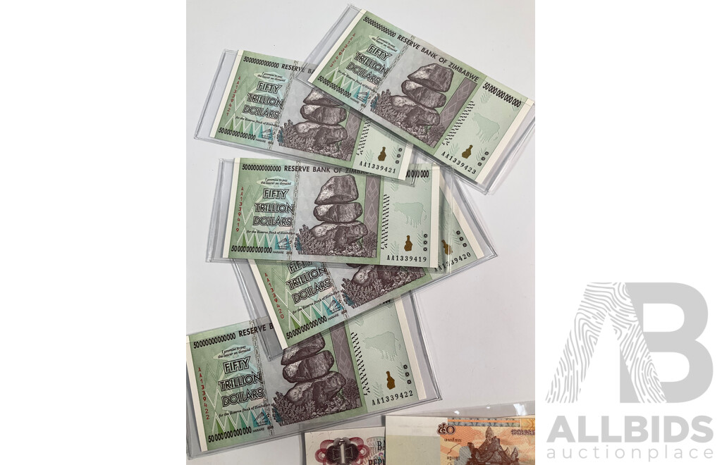 One Hundred Cambodian Fifty Riel Notes, Consecutive 5605801 - 5605900 with Collection of Zimbabwe Fifty and One Hundred Trillion Notes, Argentina One Peso