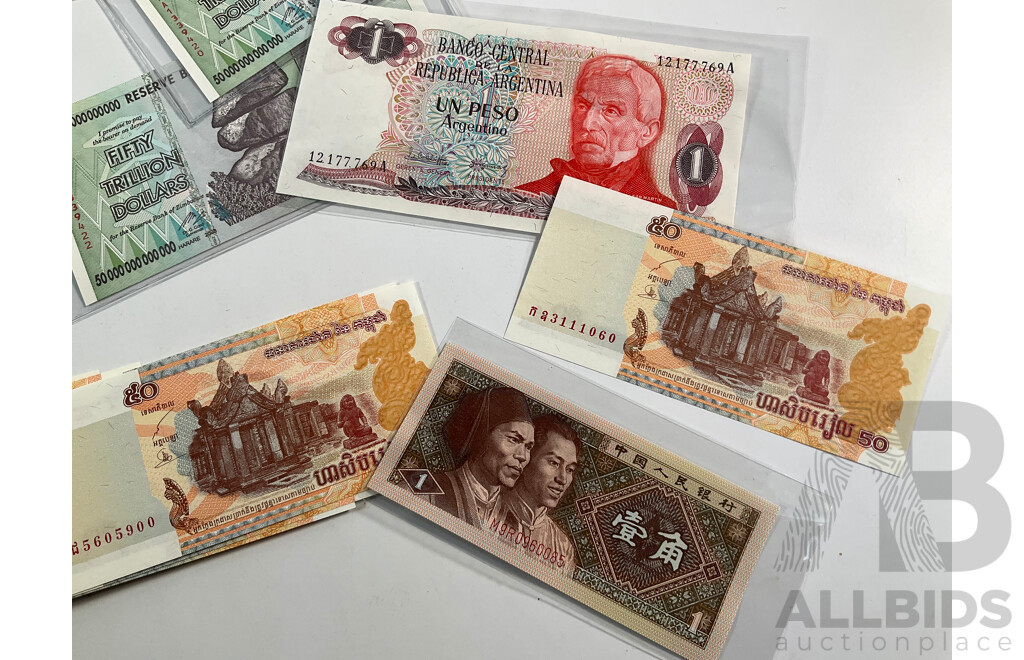 One Hundred Cambodian Fifty Riel Notes, Consecutive 5605801 - 5605900 with Collection of Zimbabwe Fifty and One Hundred Trillion Notes, Argentina One Peso