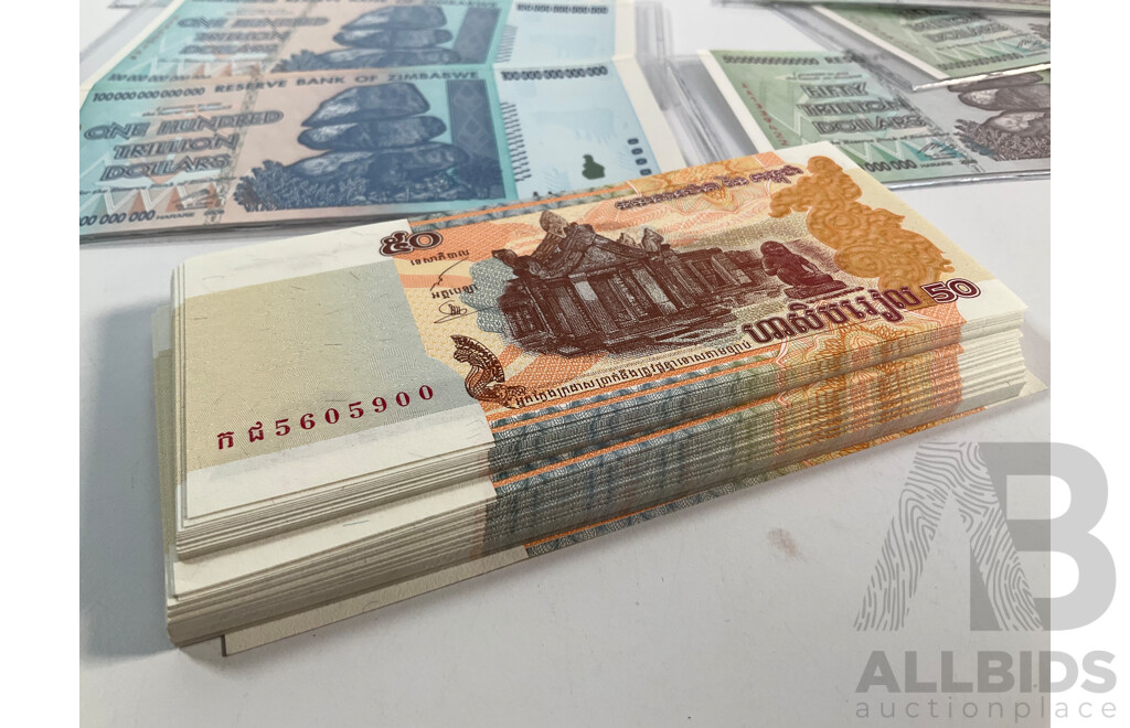 One Hundred Cambodian Fifty Riel Notes, Consecutive 5605801 - 5605900 with Collection of Zimbabwe Fifty and One Hundred Trillion Notes, Argentina One Peso