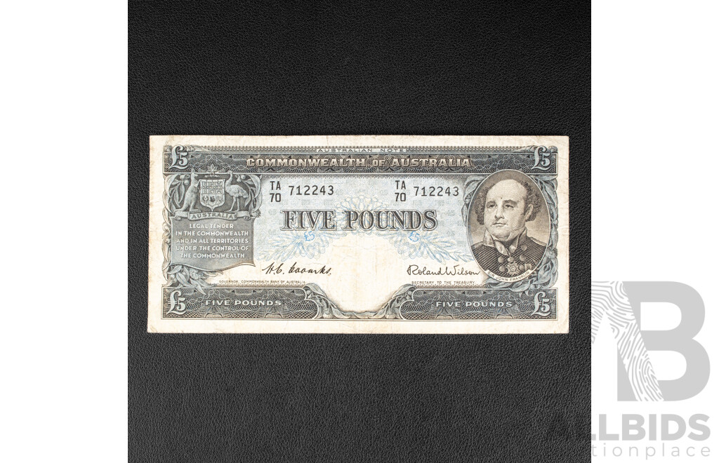 Australian 1954 Five Pound Note R49 Coombs/Wilson TA70 712243