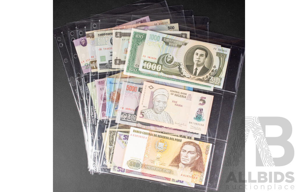 Collection of UNC Banknotes Including USA, Korea, Zambia, Nigeria, Peru, Venezuela, Suriname, Egypt, Russia