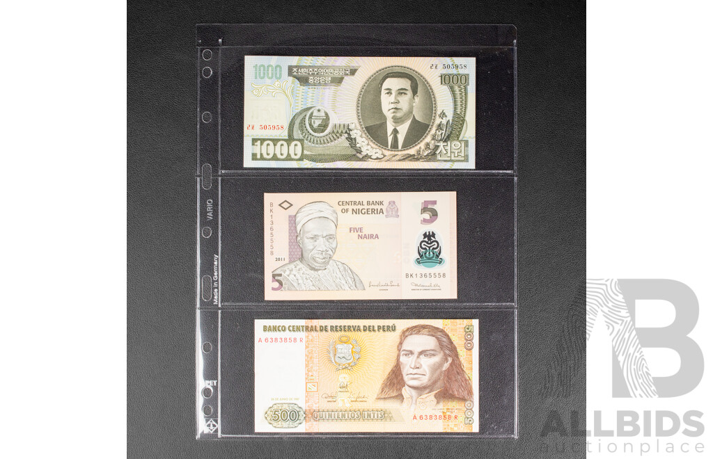 Collection of UNC Banknotes Including USA, Korea, Zambia, Nigeria, Peru, Venezuela, Suriname, Egypt, Russia
