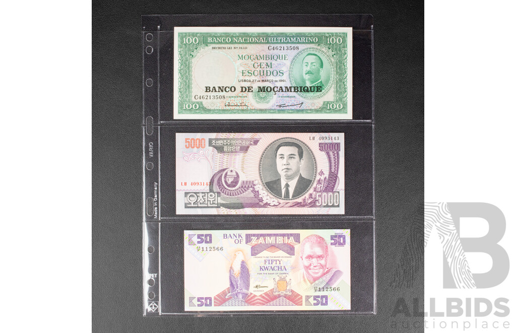 Collection of UNC Banknotes Including USA, Korea, Zambia, Nigeria, Peru, Venezuela, Suriname, Egypt, Russia