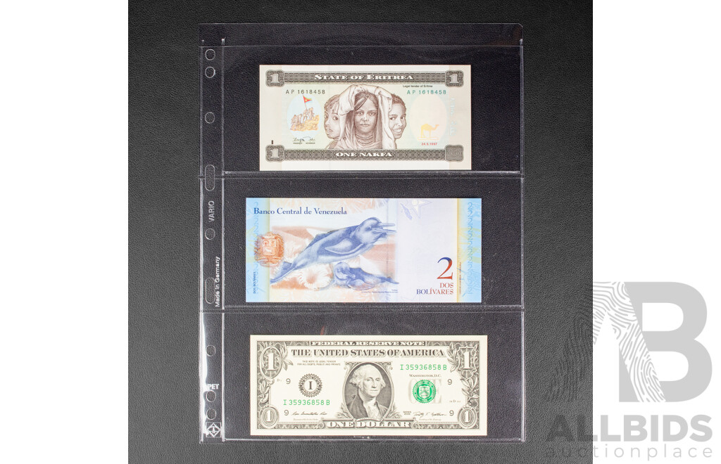 Collection of UNC Banknotes Including USA, Korea, Zambia, Nigeria, Peru, Venezuela, Suriname, Egypt, Russia