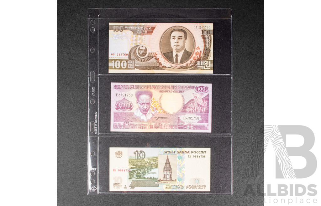 Collection of UNC Banknotes Including USA, Korea, Zambia, Nigeria, Peru, Venezuela, Suriname, Egypt, Russia