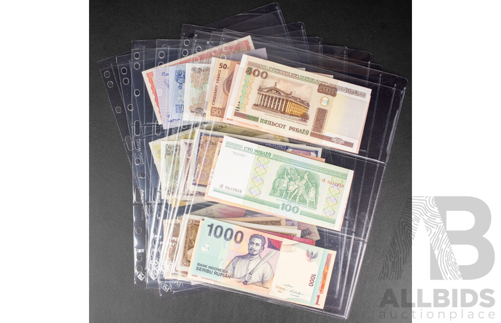 Collection of UNC Banknotes Including Egypt, Indonesia, Belarus, Guyana, Trinidad, Honduras, Congo, Sri Lanka, Yugoslavia, Uzbekistan, Vietnam, Bhutan, Malawi, Slovenia