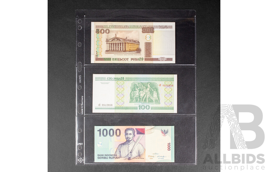 Collection of UNC Banknotes Including Egypt, Indonesia, Belarus, Guyana, Trinidad, Honduras, Congo, Sri Lanka, Yugoslavia, Uzbekistan, Vietnam, Bhutan, Malawi, Slovenia