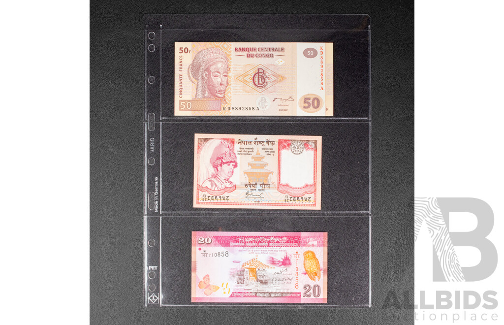 Collection of UNC Banknotes Including Egypt, Indonesia, Belarus, Guyana, Trinidad, Honduras, Congo, Sri Lanka, Yugoslavia, Uzbekistan, Vietnam, Bhutan, Malawi, Slovenia
