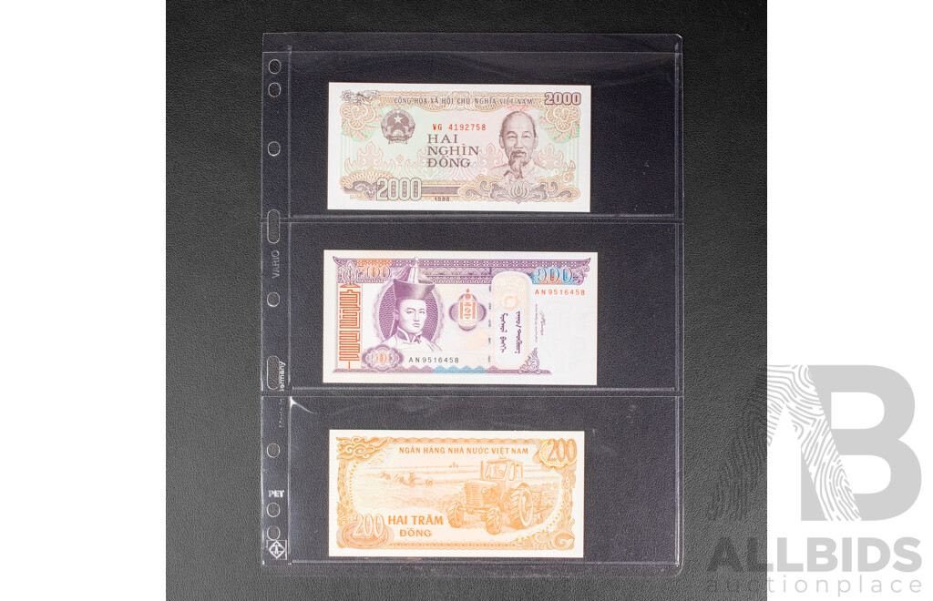 Collection of UNC Banknotes Including Egypt, Indonesia, Belarus, Guyana, Trinidad, Honduras,  Congo, Sri Lanka, Yugoslavia, Uzbekistan, Vietnam, Bhutan, Malawi, Slovenia